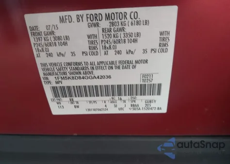 2016 Ford Explorer Xlt z USA, uszkodzony, nr VIN 1FM5K8D84GGA42036